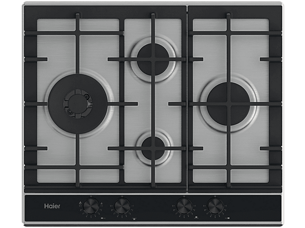 Placa gas - Haier Series 4 HAHG6D5XH,  4 quemadores,  Zona grande 13.8 cm, Rejillas hierro fundido, Preciflame, 60 cm, Inox
