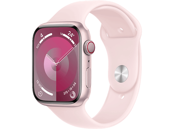 Apple Watch Series 9 (2023), GPS+CELL, 45 mm, Gesto de doble toque, Caja de aluminio rosa, Correa deportiva rosa, Talla M/L