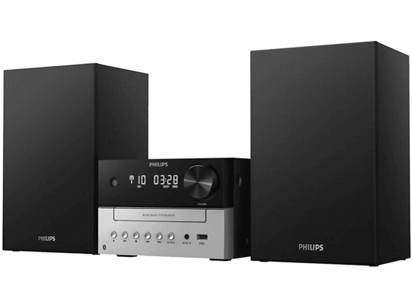 Microcadena - Philips TAM3205/12, 18 W, Bluetooth, USB, MP3, Woofer 3", Display LED, Negro/Plata