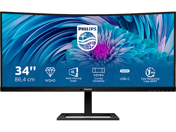 Monitor - Philips 346E2CUAE/00, 34 ", QHD, 1 ms, 100 Hz, x1 DisplayPort, x1 HDMI, x1 USB-C, Negro