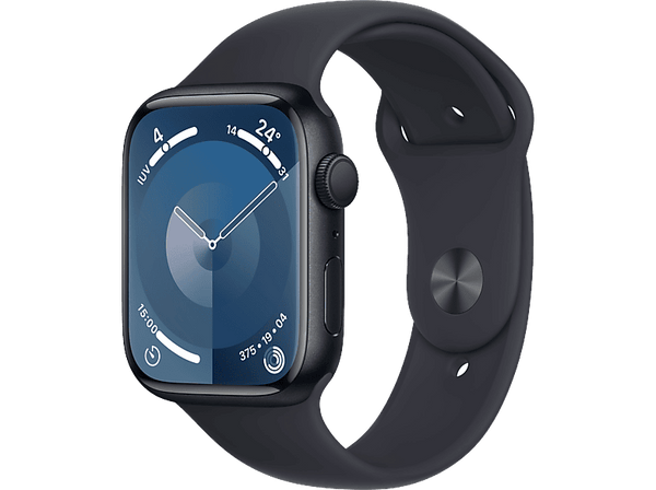 Apple Watch Series 9 (2023), GPS, 45 mm, Gesto de doble toque, Caja de aluminio medianoche, Correa deportiva medianoche, Talla S/M