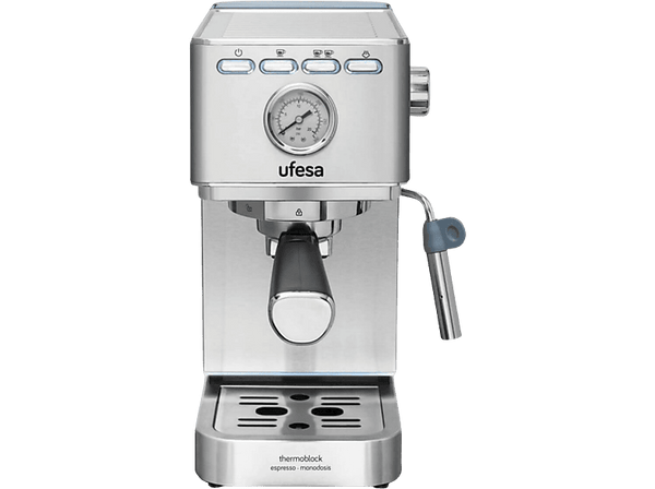 Cafetera express - Ufesa CE8030 MILAZZO, 20 bares, 1350 W, 2 tazas, Sistema Thermoblock, Plata