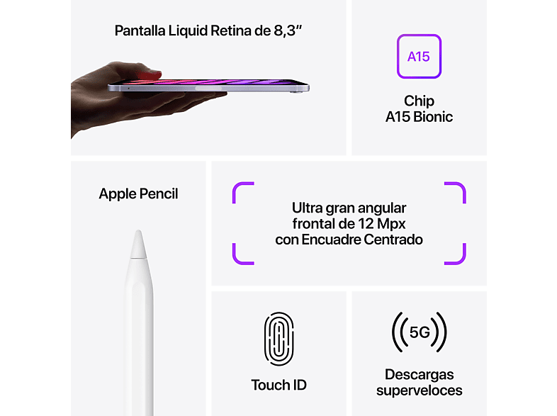 APPLE iPad mini (2021 6ª gen), 256 GB, Púrpura, WiFi + Cell, 8.3 , Retina, Chip A15 Bionic, iPadOS