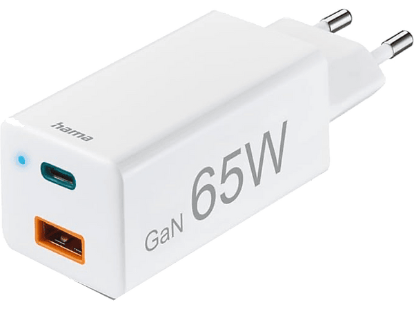 Cargador - Hama GSM Mini, 65W, 220V, Carga rápida, USB-A y USB-C, 2 dispositivos a la vez, Blanco