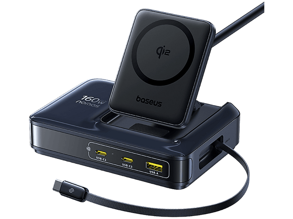 Docking Station - Baseus Nomos NH21 4-en-1, Universal, Tipo‑C, USB y Qi2, Carga inalámbrica y simultánea, Con cable retráctil, Negro Cosmic