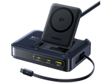 Docking Station - Baseus Nomos NH21 4-en-1, Universal, Tipo‑C, USB y Qi2, Carga inalámbrica y simultánea, Con cable retráctil, Negro Cosmic