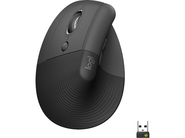 Ratón inalámbrico - Logitech Lift Vertical, Ergonómico, Mano izquierda, 4000 ppp, Botones personalizables, Multidispositivo, Windows-Mac, USB, Negro