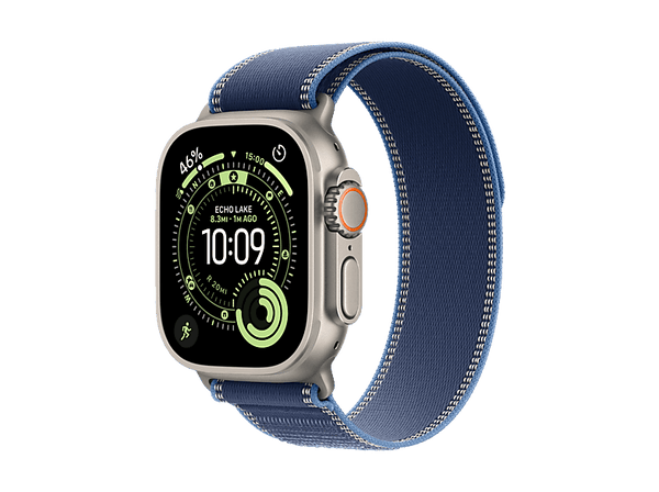 Apple Watch Ultra 3 (2025), GPS+CEL, 49 mm, Caja de Titanio Natural, Correa Trail Loop Azul/azul brillante, M/L, Calidad del sueño, Via satélite