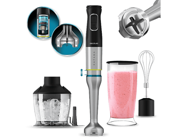 Batidora de mano - Cecotec Katana 15 Chop B, 1500 W, 21 velocidades, Turbo, Incluye picadora de 600ml, Vaso de 800ml, Brazo XL, Black