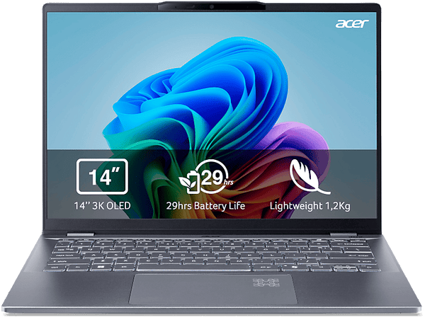 Portátil - Acer Swift 14 AI SF14-51-7658 Copilot+ PC, 14" OLED 4K, Intel® Core™ Ultra 7 256V, 48 TOPS, 16GB RAM, 1 TB SSD, Intel® Arc™ Graphics, W11