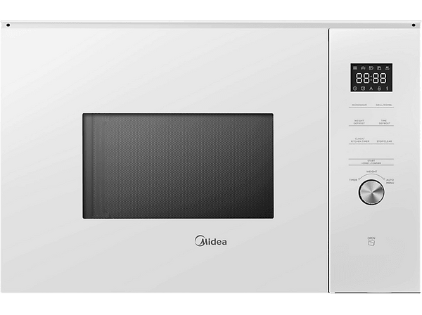 Microondas con grill integrable - Midea MBMTG925E-BK, 900 W, 1200W Potencia Grill, 7 Funciones, 25l, Cristal Blanco
