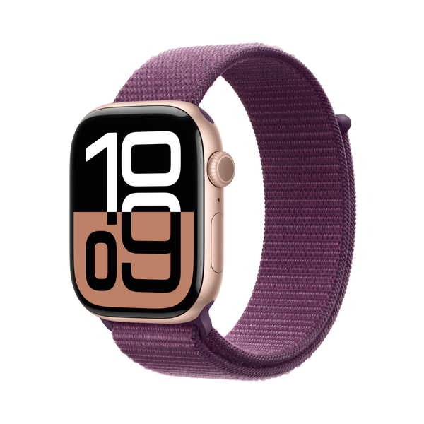 Apple Watch Series 10 (2024), GPS + Cellular, 42 mm, Gesto de doble toque, Caja de aluminio Oro rosa, Correa Loop deportiva Ciruela