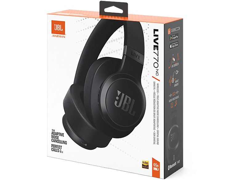 Auriculares inalámbricos - JBL Live 770, Cancelación ruido adaptativa, Autonomía 65h, Bluetooth, Negro