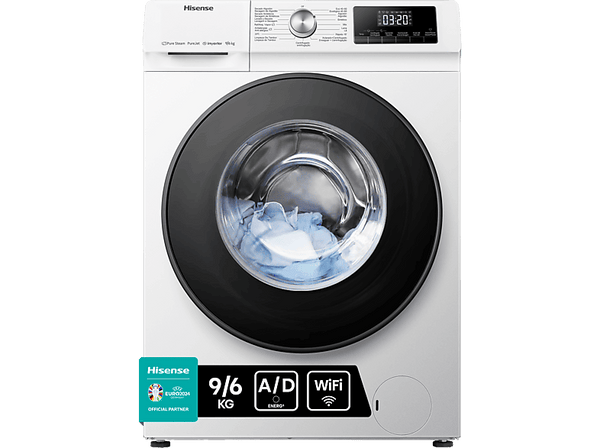 Lavadora secadora - Hisense WDQA9014EVJMW, 9 kg + 6 kg, 1400 rpm, Motor Inverter, JetWash, WiFi, Blanco