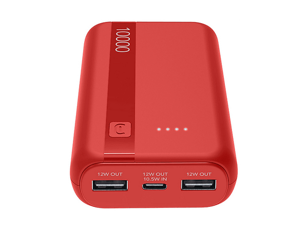 Powerbank - CellularLine Essential, 10000 mAh, 12W, 72 horas, USB C, USB A, Rojo