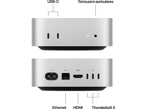 Apple Mac mini (2024) Chip M4, CPU de 10 núcleos, GPU de 10 núcleos, 16GB de RAM, 256GB de SSD, Gigabit Ethernet, Plata