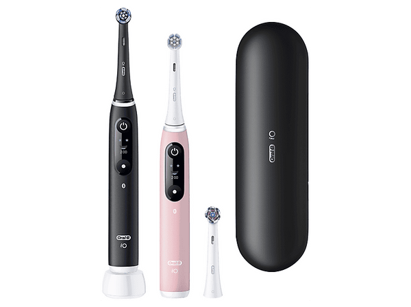 Cepillo eléctrico -  Oral-B iO 6s, Pack doble,  5 modos, Seguimiento con app, Pantalla interactiva, Sensor de presión, Estuche de viaje, Negro y rosa