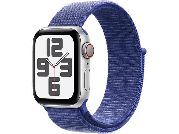 Apple Watch SE (2024), GPS + Cellular, 40 mm, Caja de aluminio Plata, Vidrio delantero Ion-X, Correa Loop deportiva Azul nube