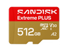 Tarjeta Micro SD - SANDISK Extreme PLUS, 512 GB, Hasta 250 MB/s de lectura, 5K y 4K UHD, V30, A2, U3, UHD-I, Adaptador SD, Oro