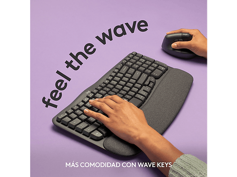 Teclado - Logitech Wave Keys, Inalámbrico, Ergonómico, Reposamanos, Easy-Switch, Bluetooth, Multisistema, Negro