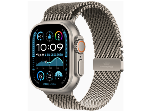 Apple Watch Ultra 2 (2024), GPS + Cellular, 49 mm, Caja de Titanio Natural, Gesto doble toque, Correa Natural Titanium Milanese Loop, Talla M