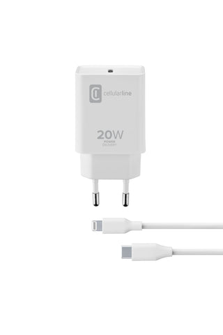 Cargador - Cellular Line ACHIPHKITC2LM, Para Apple iPhone y iPad, Cable Lightning, USB-C, 100 cm, 20W, Blanco