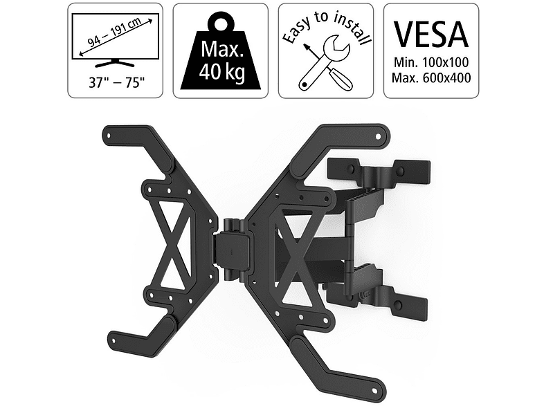 Soporte TV - Hama Full Motion Ultraslim 00118064, Inclinable, De 37 a 75, 2 brazos, VESA 600 x 400 mm, Negro