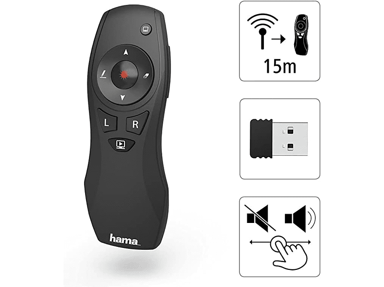 Presentador láser - Hama 00139916, con receptor USB 2.0, Negro