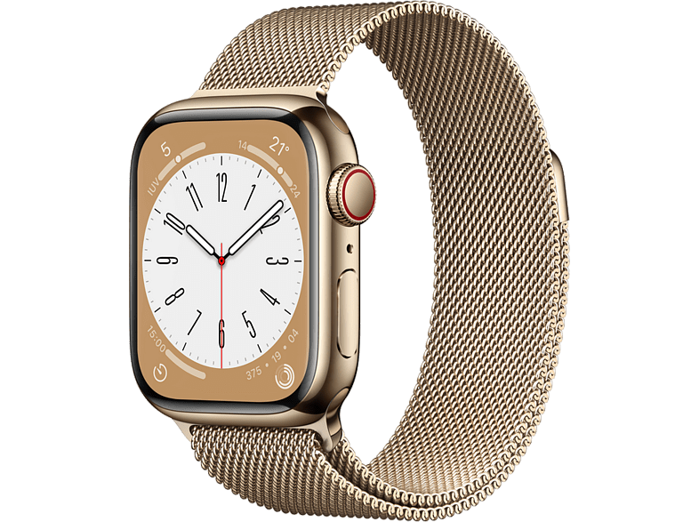 Apple Watch S8 (2022), GPS+CELL, 41 mm,  Caja de acero inoxidable, Vidrio delantero Ion-X, Correa Milanese loop oro