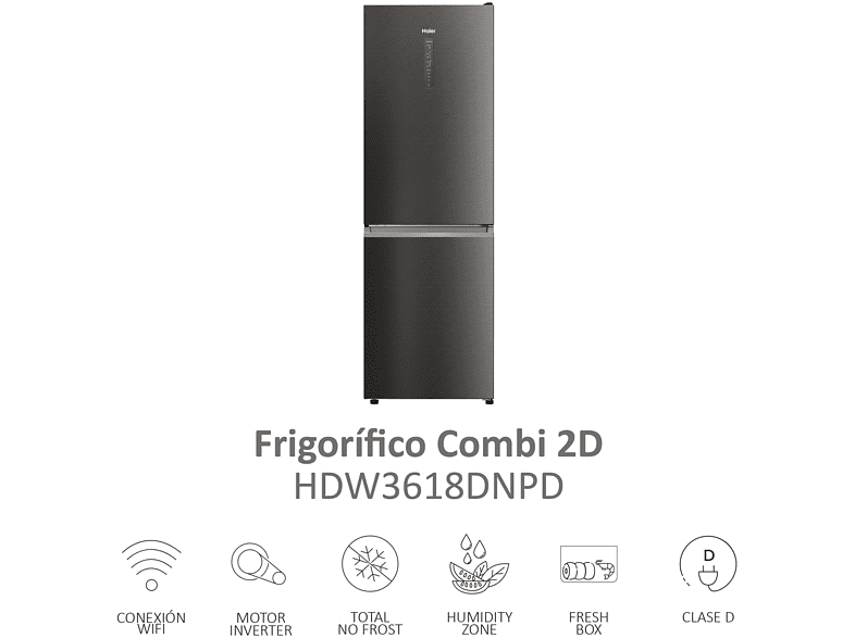 Frigorífico combi - Haier 2D HDW3620DNPD, 377L, Total No Frost, 200cm, Motor Inverter, Wi-Fi, Botellero, Dark Inox