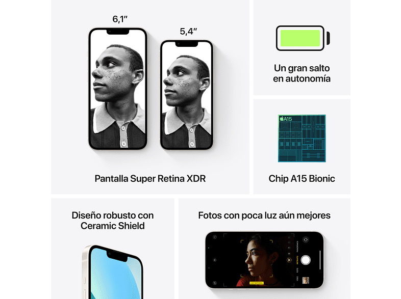 Apple iPhone 13, Blanco estrella, 256 GB, 5G, 6.1 OLED Super Retina XDR, Chip A15 Bionic, iOS