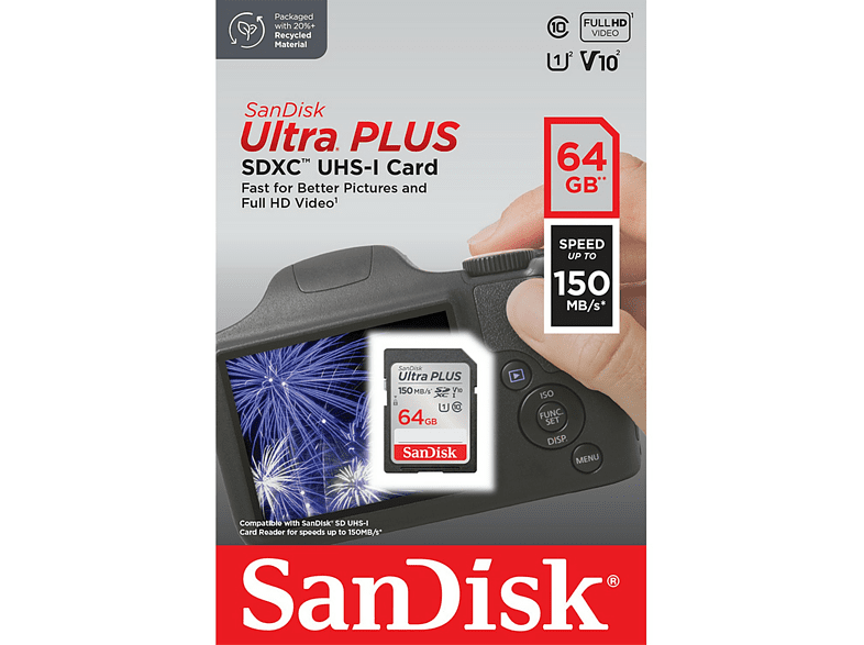 Tarjeta SDXC - SanDisk Ultra Plus , 64GB, 150 MB/s, UHS-I, V10, Clase 10, Resistente al Agua, Multicolor