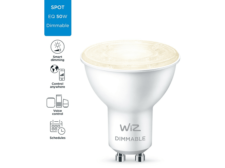 Bombilla inteligente - Wiz GU10, 50W, Luz blanca cálida regulable, Wifi y Bluetooth, Control por voz