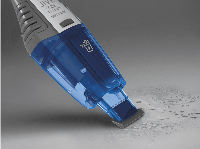 Aspirador de mano - Hoover  JIVE HJ72WDLB 011, Sólidos y Líquidos, 7.2 V, 10 min, Filtro Lavable, 0.3L, Carga Rápida 90min, Gris/Azul