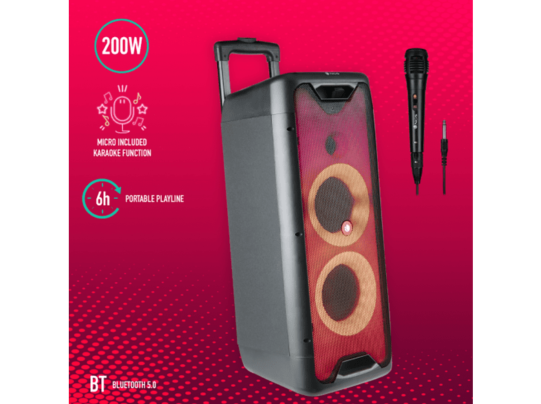 Altavoz inalámbrico - NGS Premium Portable Speaker Wild Rave 1, 200 W, Bluetooth 5.0, Luces LED, Negro