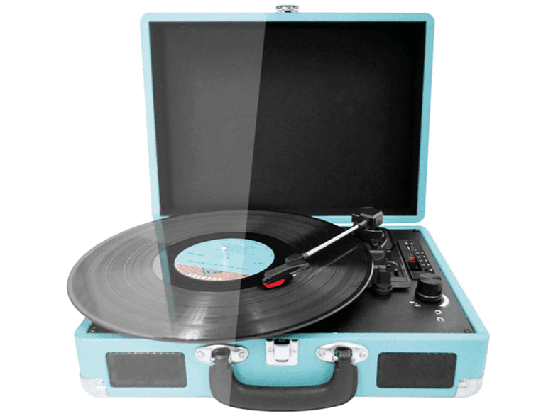 Tocadiscos - Prixton VC40, Reproductor Vinilo, Bluetooth, USB, Altavoces Incorporados, Diseño de Maleta, Azul