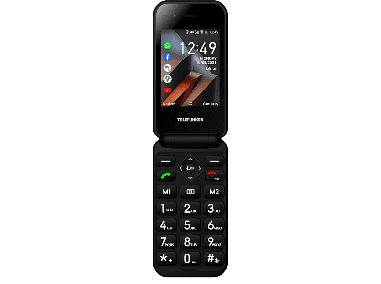 Móvil - Telefunken S740, Plegable, Para mayores, Bluetooth, 512 Mbit+4 GB, Pantalla 2.8, 320x240 Pixeles, Negro