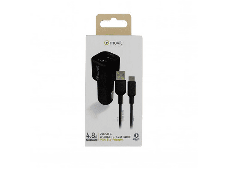 Cargador USB para coche - muvit MCPAK0052, 2x USB-A, Universal, 1.2m, Negro + Cable USB-C a USB-A