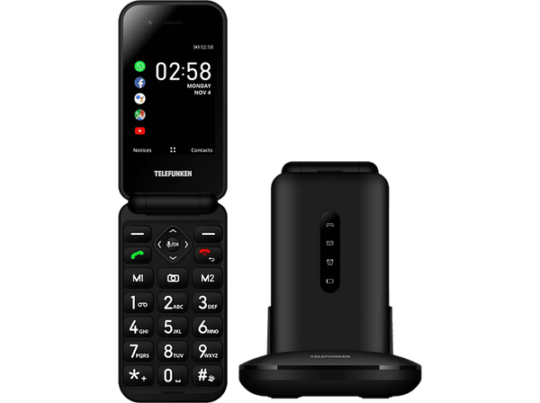 Móvil - Telefunken S740, Plegable, Para mayores, Bluetooth, 512 Mbit+4 GB, Pantalla 2.8", 320x240 Pixeles, Negro