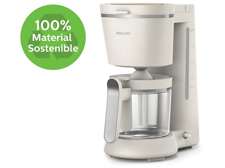 Cafetera de goteo - Philips Eco Conscious Edition HD5120/00, Sostenible, 1000 W , 10 Tazas, Función de apagado, Jarra cristal, Blanco