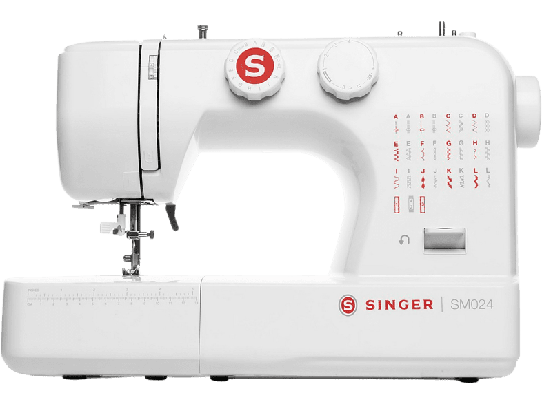 Máquina de coser - Singer SM024-RD, 24 Puntadas útiles, Luz LED, Enhebrador automático, Blanco/Rojo