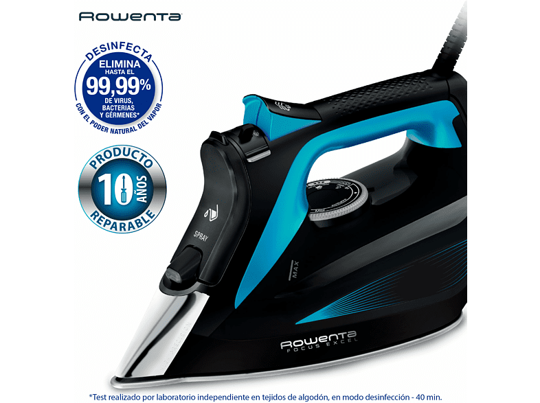Plancha de vapor - Rowenta DW5310D1 Focus Excel, 180 g/min, Suela Microsteam 400 HD Láser, 150 ml, Azul metalizado y negro