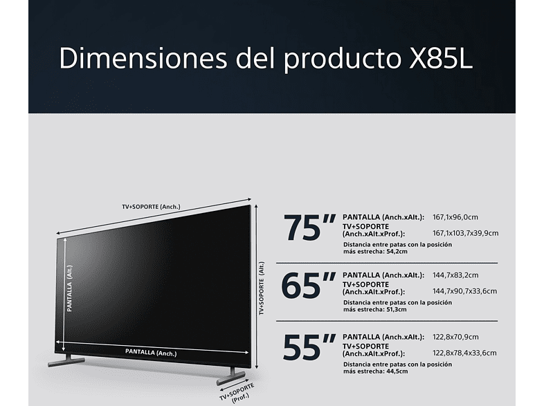 TV LED 55 - Sony BRAVIA 55X85L, Full Array LED, 4K HDR 120, Google TV, HDMI 2.1, Alexa, Siri, Bluetooth, Eco, BRAVIA Core, Diseño Estilizado