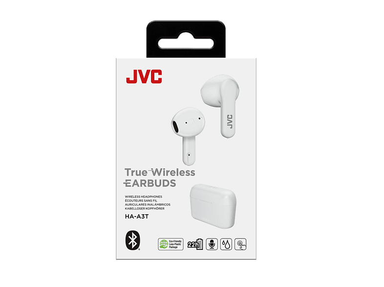 Auriculares True Wireless - JVC HA-A3T-W-U, De botón, BT 5.1, IPX4, Hasta 22 horas, Blanco + Estuche de carga