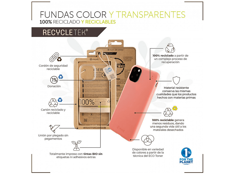 Funda - Muvit Recycletek, Para Apple iPhone 14 Pro, TPU, Trasera, Transparente