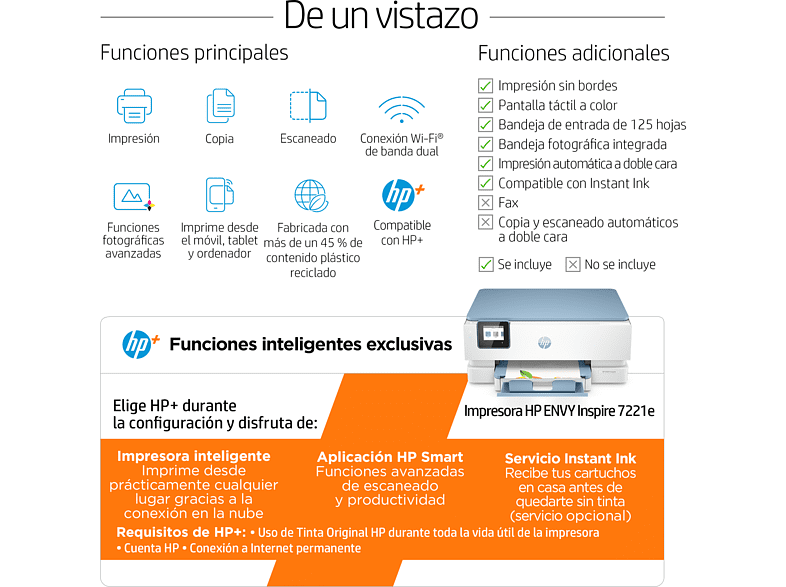 Impresora multifunción - HP Envy Inspire 7221e, WiFi, USB, 6 meses de impresión Instant Ink con HP+, doble cara