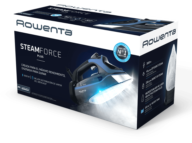 Plancha de vapor - Rowenta DW9411D1 Steamforce Plus, 3000 W, 250 g/min, 0.35 l, Microsteam 400 HD Profile, Antigoteo, Antical, Vapor Vertical, Azul