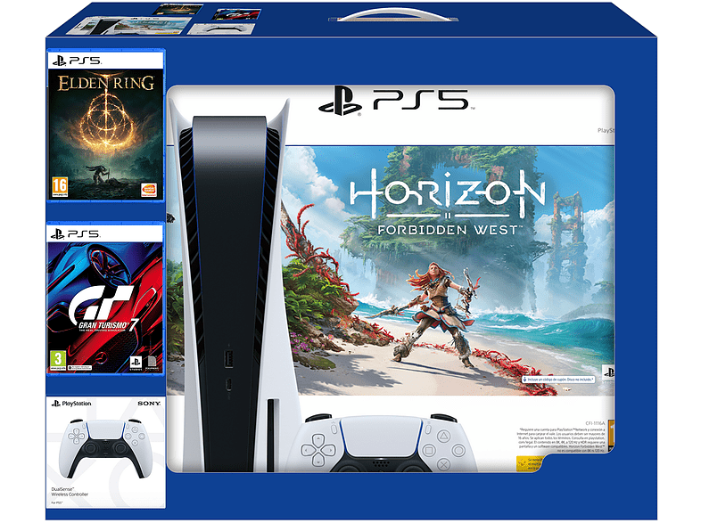 Consola - Sony PS5 Stand Horizon, 825GB, Blanco + 2 DualSense™ Wireless Controller + Horizon II Forbidden West (Código) + Gran Turismo 7 + Elden Ring