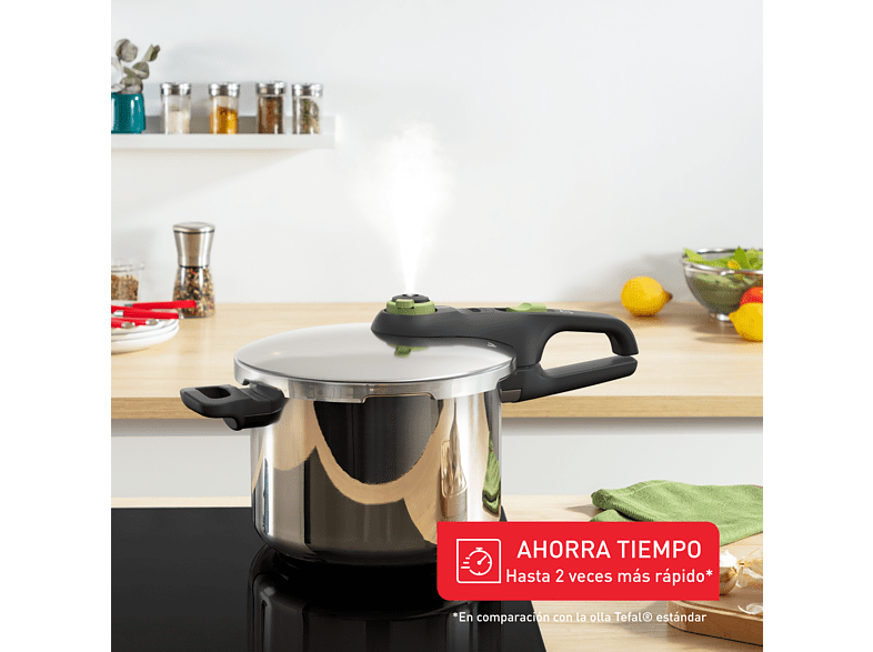 Olla express - Tefal Secure Trendy P2580703, 6 L, 2 programas, Cocción rápida, Compatible con Inducción, Acero Inox., Verde