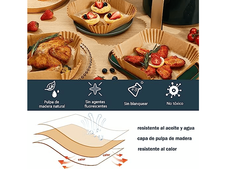 Accesorio freidora - NK Papel Airfryer, Cuadrado, 20 cm, Papel 100 % natural, 100 piezas, Marrón